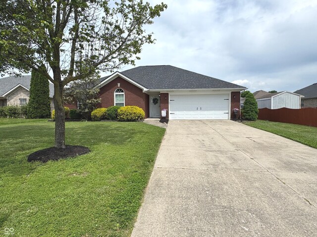 ranch-style house with driveway, a garage, and brick siding