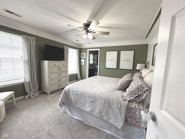 carpeted bedroom featuring crown molding, ceiling fan, baseboards, and a textured ceiling