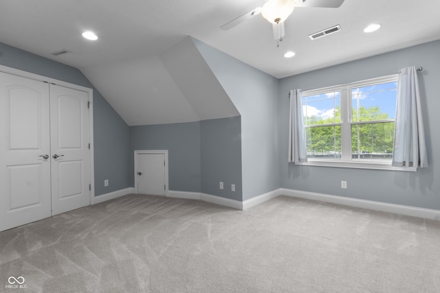 bonus room featuring carpet, baseboards, ceiling fan, vaulted ceiling, and recessed lighting