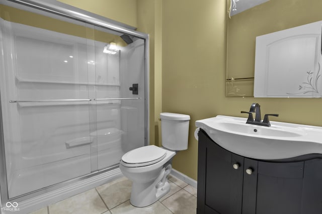 bathroom with toilet, tile patterned floors, a shower stall, and vanity