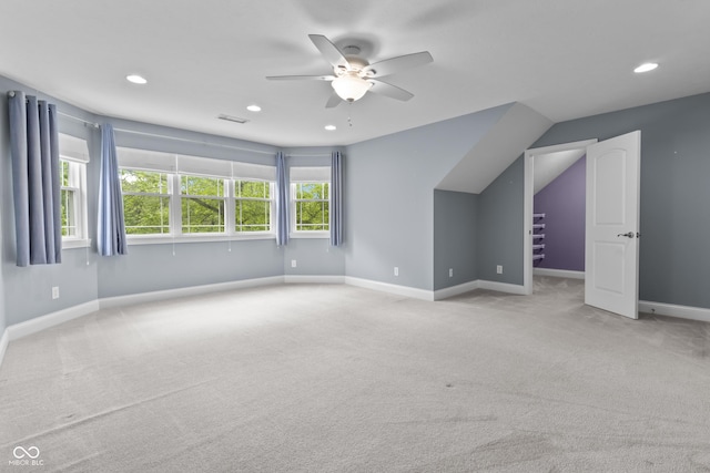 additional living space featuring ceiling fan, carpet, recessed lighting, and baseboards