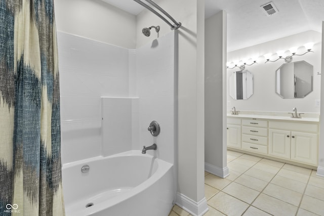 full bath featuring tile patterned floors, shower / bathtub combination with curtain, baseboards, and double vanity
