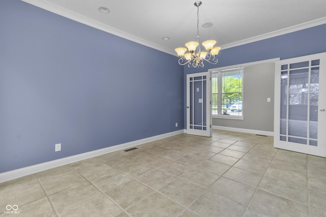 unfurnished room with crown molding, a chandelier, baseboards, and tile patterned flooring