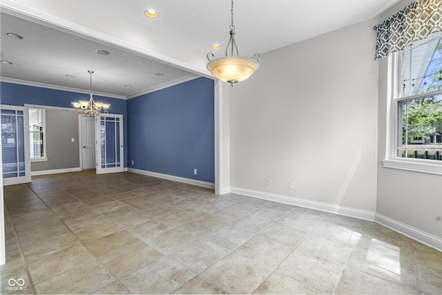 unfurnished dining area with a chandelier, healthy amount of natural light, baseboards, recessed lighting, and crown molding