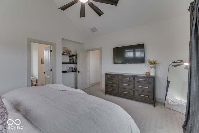 17346 Newton Main St, Westfield, IN 46074 - bedroom featuring light colored carpet, high vaulted ceiling, ceiling fan, and baseboards