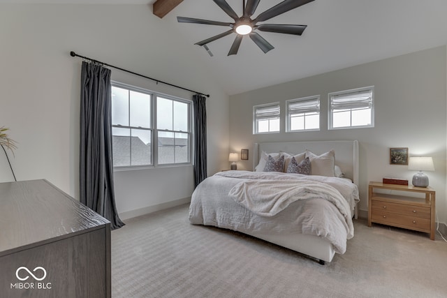 17346 Newton Main St, Westfield, IN 46074 - bedroom with light carpet, baseboards, beamed ceiling, high vaulted ceiling, and a ceiling fan