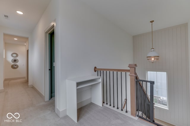 17346 Newton Main St, Westfield, IN 46074 - hall featuring an upstairs landing, carpet flooring, recessed lighting, and baseboards