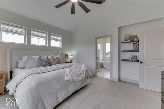 17346 Newton Main St, Westfield, IN 46074 - bedroom featuring light colored carpet, ensuite bath, high vaulted ceiling, and ceiling fan