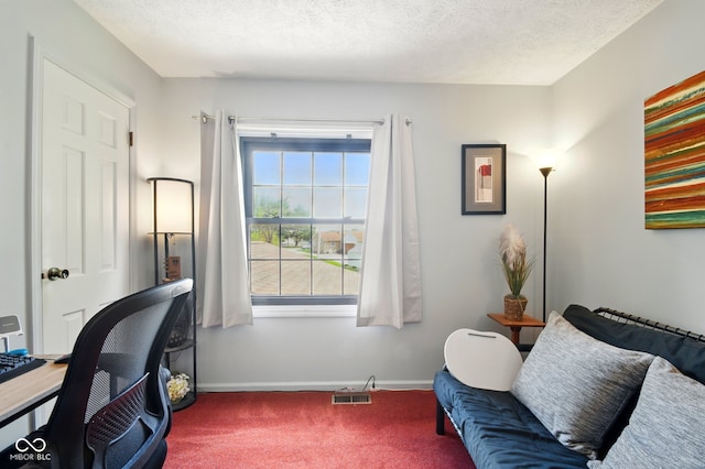 office featuring carpet, baseboards, and a textured ceiling