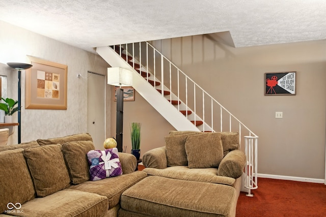carpeted living room featuring stairs, a textured ceiling, and baseboards