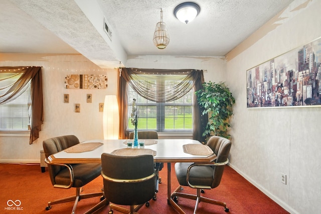 carpeted dining area featuring a textured ceiling, baseboards, and plenty of natural light