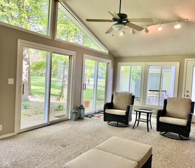 sunroom / solarium featuring rail lighting and lofted ceiling