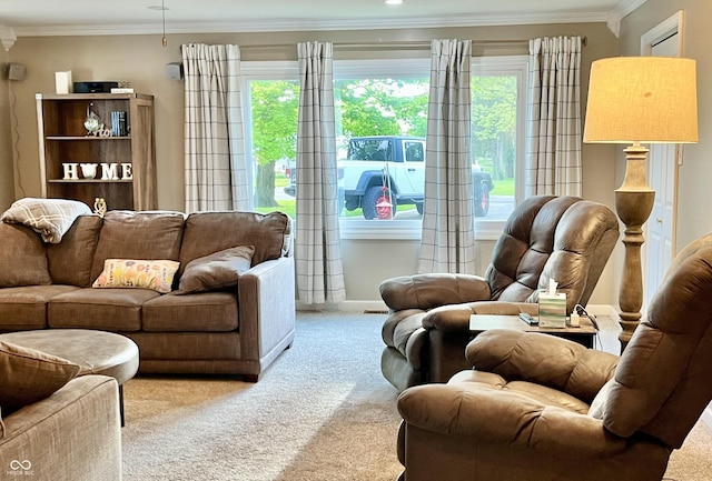 living room with light colored carpet, ornamental molding, healthy amount of natural light, and baseboards