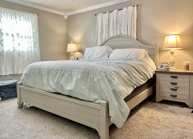 bedroom featuring carpet and ornamental molding