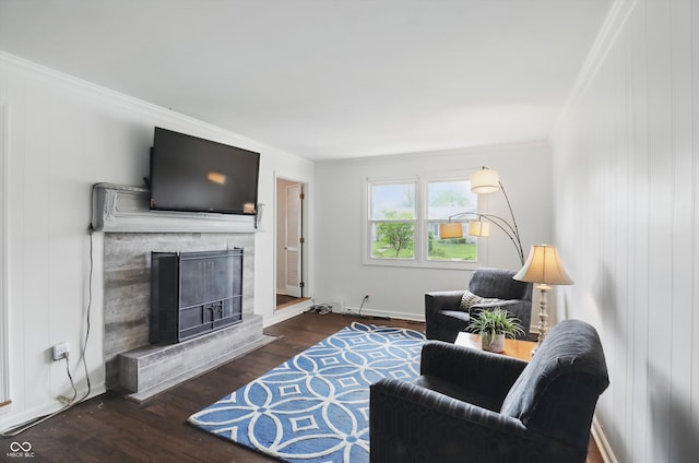 6825 Farmleigh Dr, Indianapolis, IN 46220 - living area with a fireplace with raised hearth, crown molding, and wood finished floors