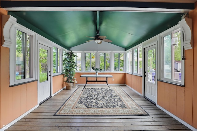6825 Farmleigh Dr, Indianapolis, IN 46220 - sunroom / solarium featuring hardwood / wood-style flooring, vaulted ceiling, wooden walls, and a wooden deck