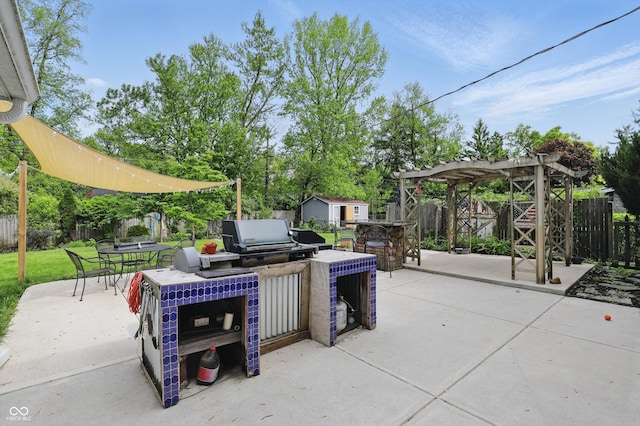 6825 Farmleigh Dr, Indianapolis, IN 46220 - view of patio with outdoor dining area, a pergola, a fenced backyard, and a storage shed