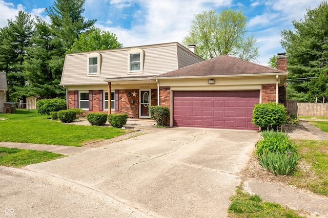 view of front of home featuring brick siding, a chimney, an attached garage, and driveway