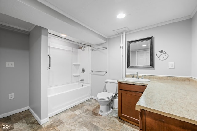 bathroom featuring crown molding, baseboards, vanity, toilet, and shower / washtub combination