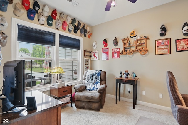 1663 Sweetgum Dr, Greenwood, IN 46143 - office space featuring light carpet, a ceiling fan, and baseboards