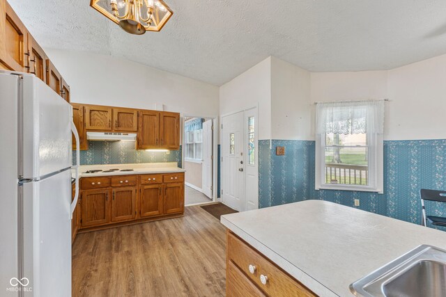 kitchen featuring white appliances, under cabinet range hood, brown cabinetry, light wood-style flooring, and light countertops