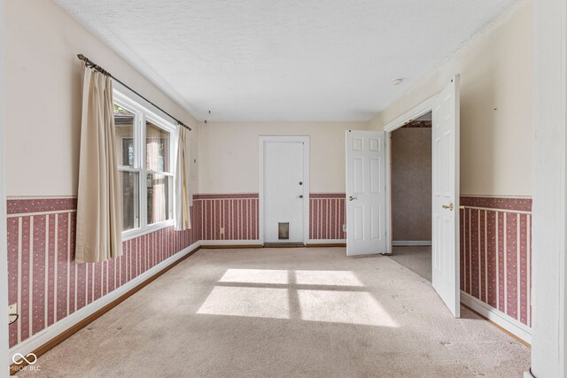 empty room featuring a wainscoted wall, plenty of natural light, wallpapered walls, light colored carpet, and a textured ceiling