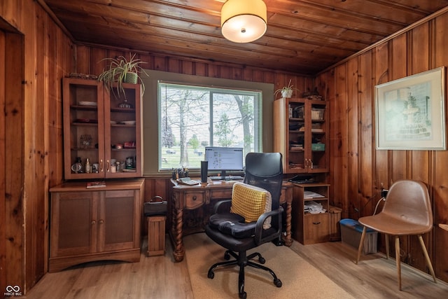 home office featuring wooden ceiling, wood walls, and light wood-type flooring