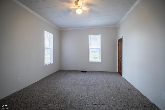 spare room featuring carpet flooring, ornamental molding, and ceiling fan