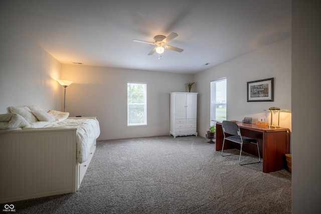 bedroom featuring multiple windows, carpet flooring, an office area, and ceiling fan