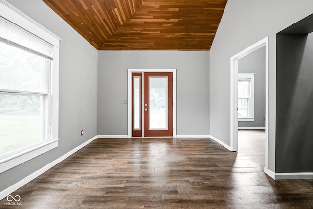 entrance foyer featuring wooden ceiling, lofted ceiling, dark wood-type flooring, and baseboards