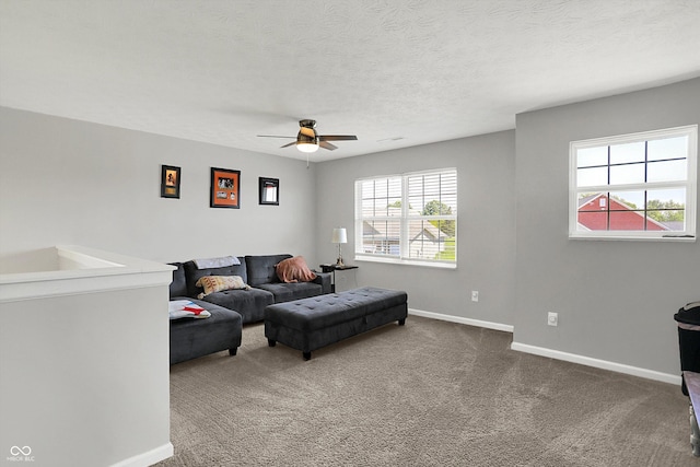 4032 Stubbington Ln, Indianapolis, IN 46239 - living room featuring a ceiling fan, baseboards, and carpet