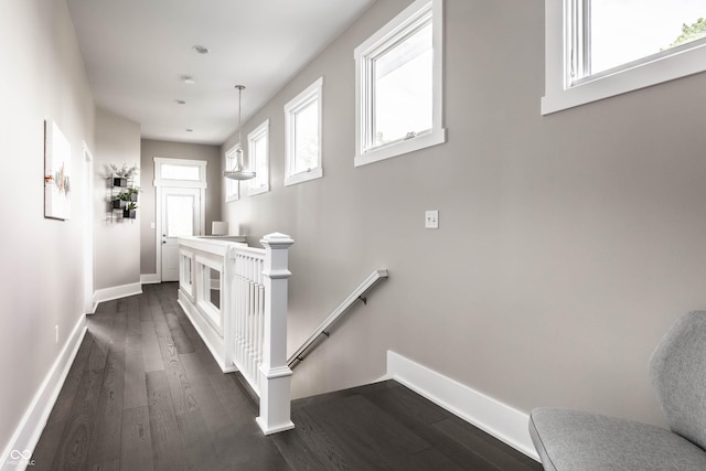 staircase with wood finished floors and baseboards