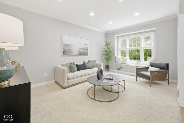 living room with baseboards, carpet floors, recessed lighting, and ornamental molding