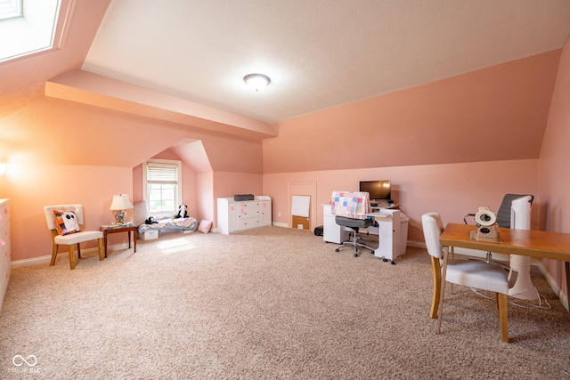 4890 Benthaven Dr E, Bargersville, IN 46106 - home office featuring lofted ceiling, carpet flooring, and baseboards