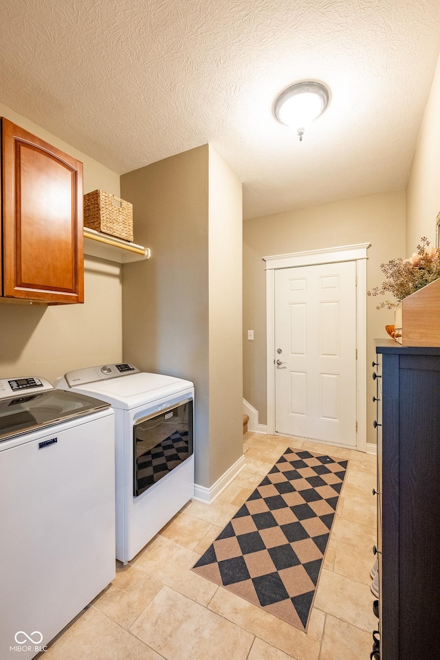 4890 Benthaven Dr E, Bargersville, IN 46106 - clothes washing area with washer and dryer, cabinet space, light tile patterned floors, and a textured ceiling