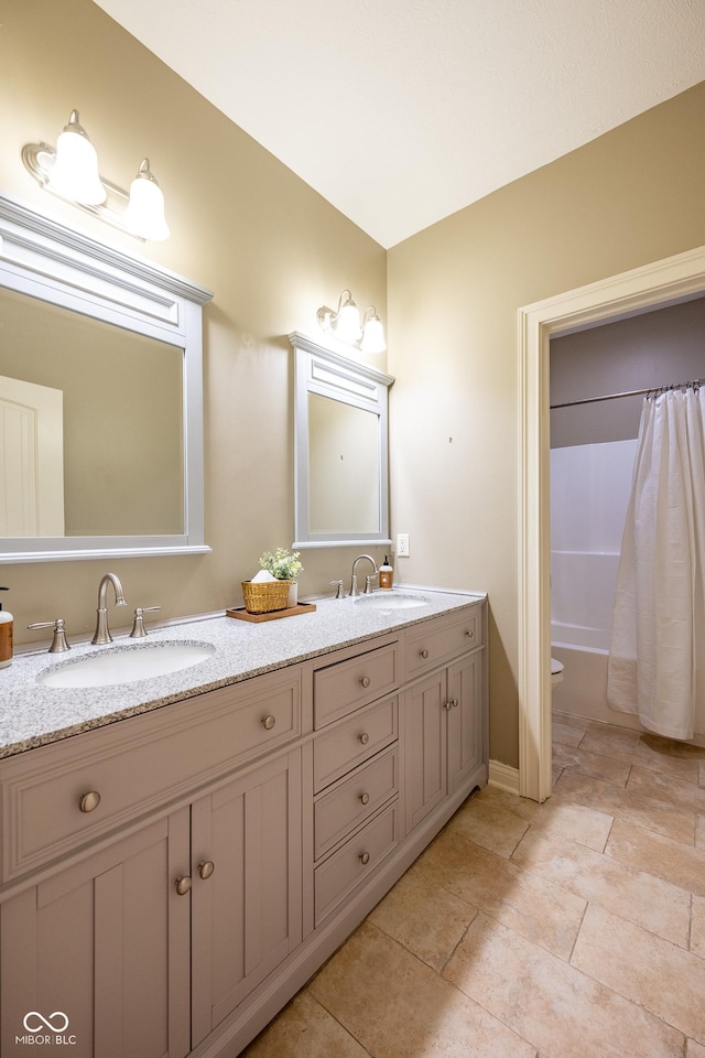 4890 Benthaven Dr E, Bargersville, IN 46106 - bathroom featuring double vanity, toilet, and shower / tub combo with curtain