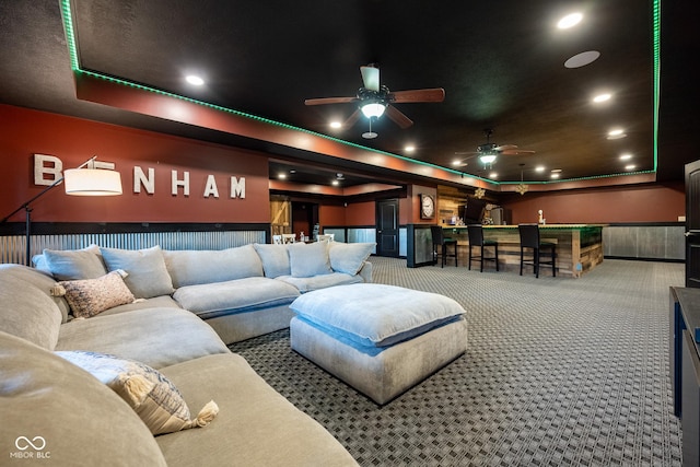 4890 Benthaven Dr E, Bargersville, IN 46106 - carpeted home theater with a raised ceiling, a ceiling fan, and recessed lighting