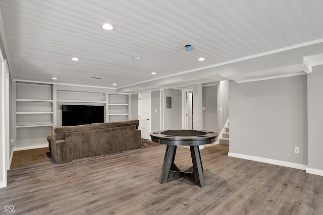 living room with stairs, baseboards, wood finished floors, wood ceiling, and recessed lighting