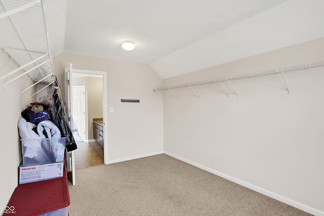 walk in closet with carpet floors and lofted ceiling
