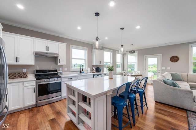 16270 Northwind Ct, Westfield, IN 46074 - kitchen with appliances with stainless steel finishes, under cabinet range hood, open floor plan, a sink, and crown molding