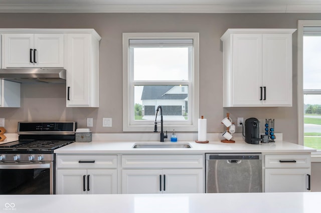 16270 Northwind Ct, Westfield, IN 46074 - kitchen featuring stainless steel appliances, a sink, under cabinet range hood, white cabinets, and ornamental molding