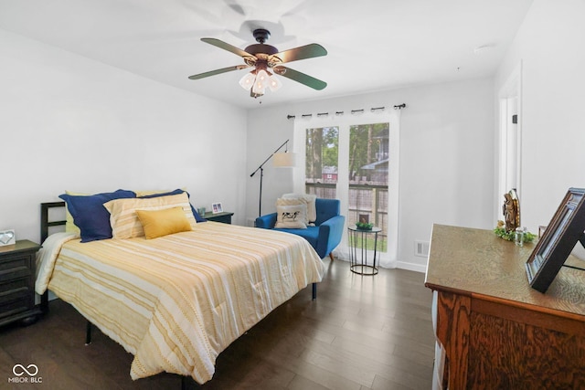 6673 Karyn Dr, Avon, IN 46123 - bedroom with dark wood finished floors, baseboards, access to exterior, and ceiling fan