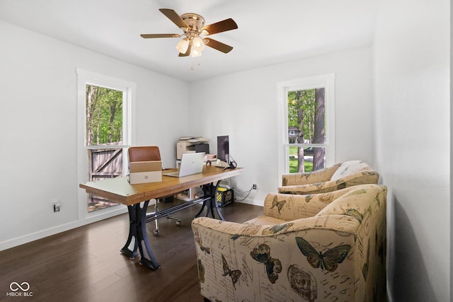 6673 Karyn Dr, Avon, IN 46123 - home office with healthy amount of natural light, baseboards, and dark wood-style floors