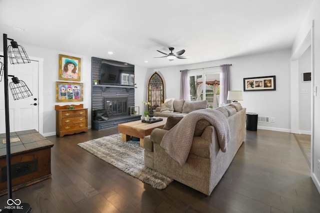 6673 Karyn Dr, Avon, IN 46123 - living room featuring a fireplace, recessed lighting, baseboards, a ceiling fan, and dark wood finished floors