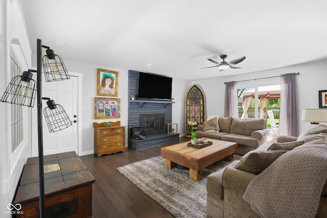 6673 Karyn Dr, Avon, IN 46123 - living area featuring a ceiling fan, dark wood-style floors, a fireplace, baseboards, and recessed lighting