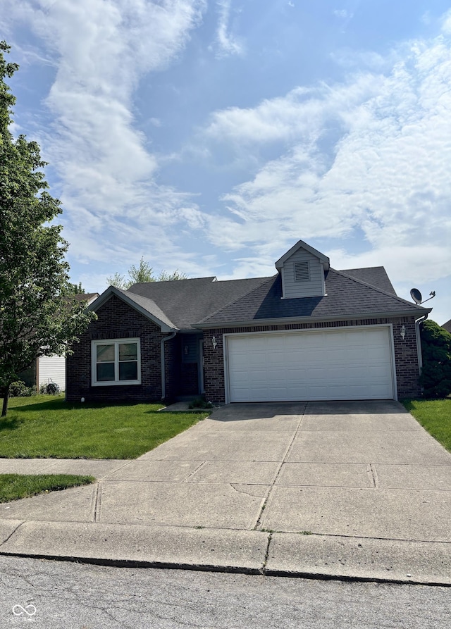 1639 Park Castle Way, Indianapolis, IN 46229 - ranch-style home with brick siding, concrete driveway, an attached garage, a front yard, and a shingled roof