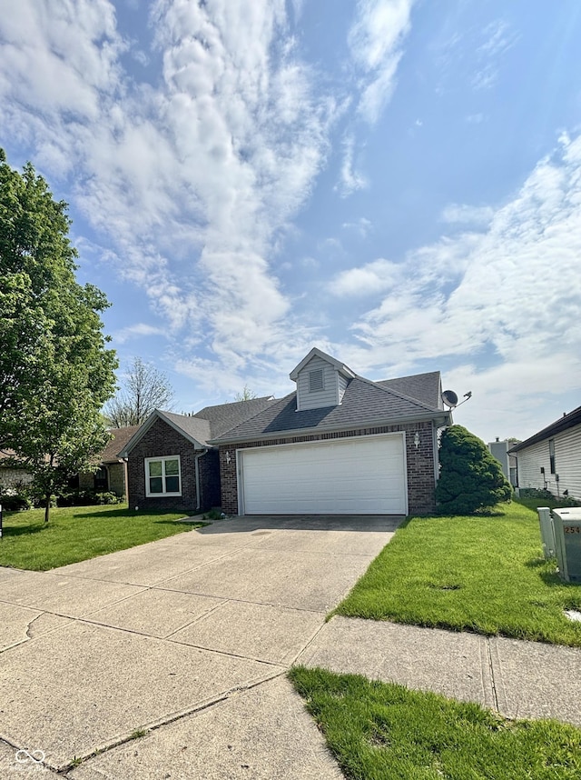 1639 Park Castle Way, Indianapolis, IN 46229 - ranch-style home with brick siding, concrete driveway, an attached garage, a front lawn, and a shingled roof