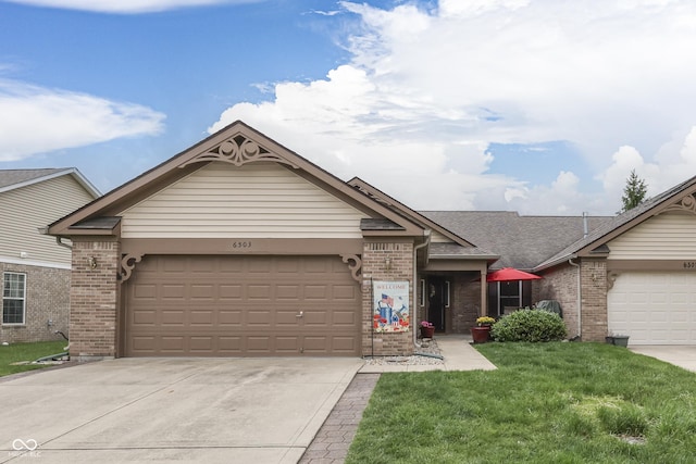 ranch-style home with brick siding, a front lawn, driveway, roof with shingles, and an attached garage
