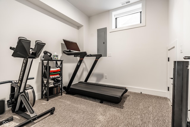 2036 Central Ave, Indianapolis, IN 46202 - workout room featuring electric panel, carpet floors, and baseboards
