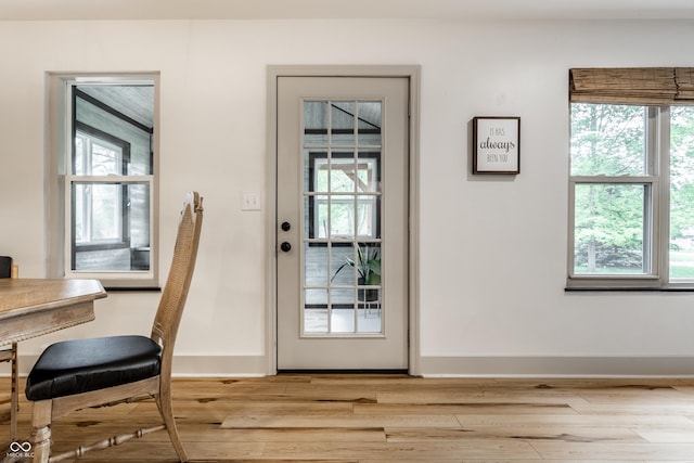 entryway featuring plenty of natural light, light wood-style flooring, and baseboards